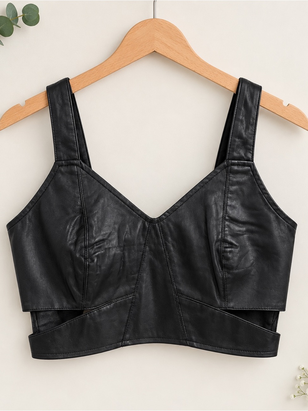 Black Faux Leather Corset Crop Top Smocked Shirred Back Cutout Hem wide strap